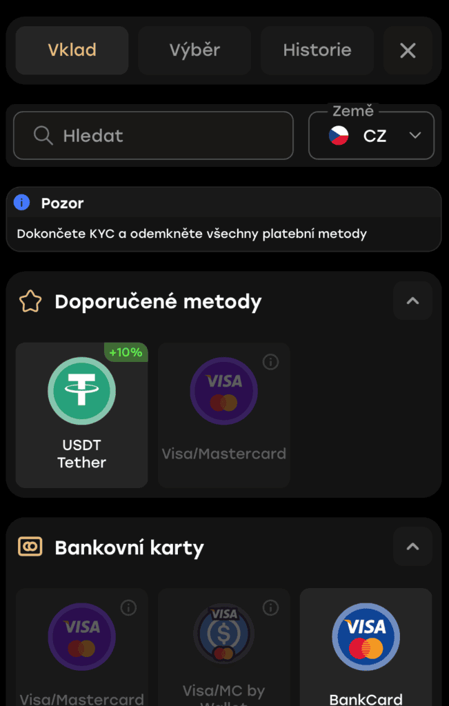 Přihlášení a první vklad