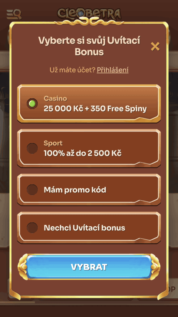 Vyberte uvítací bonus