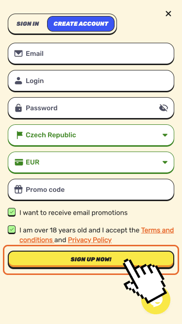 Dokončení registrace zmáčknutím tlačítka Sign up now