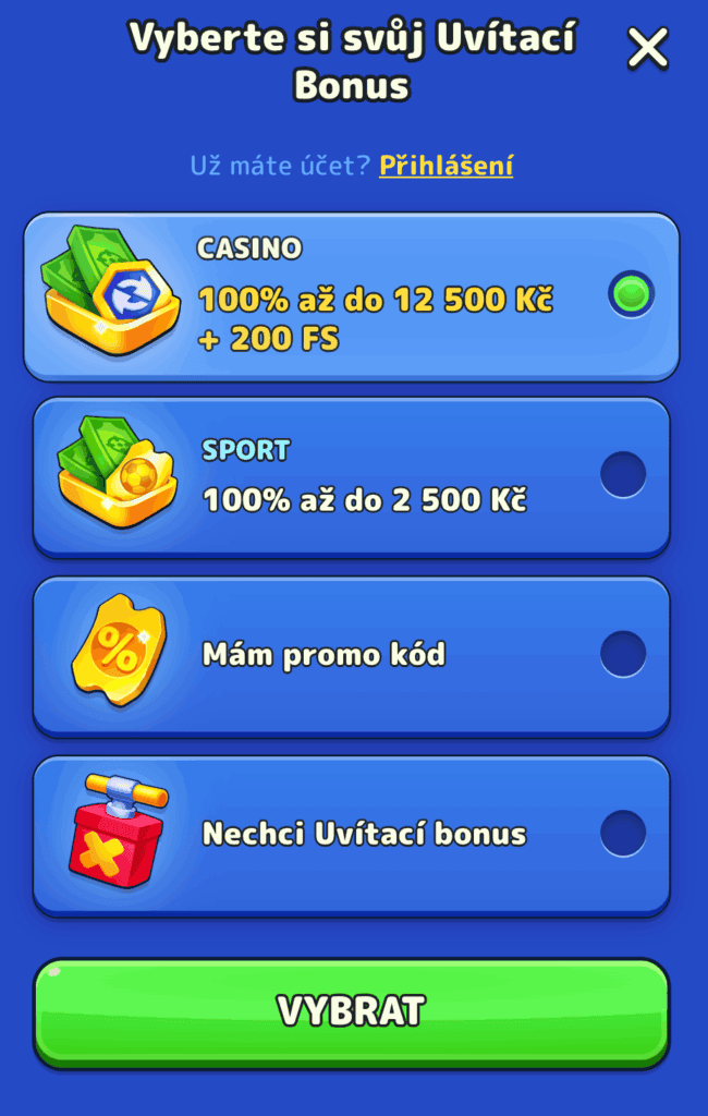 Vyberte si uvítací bonus.