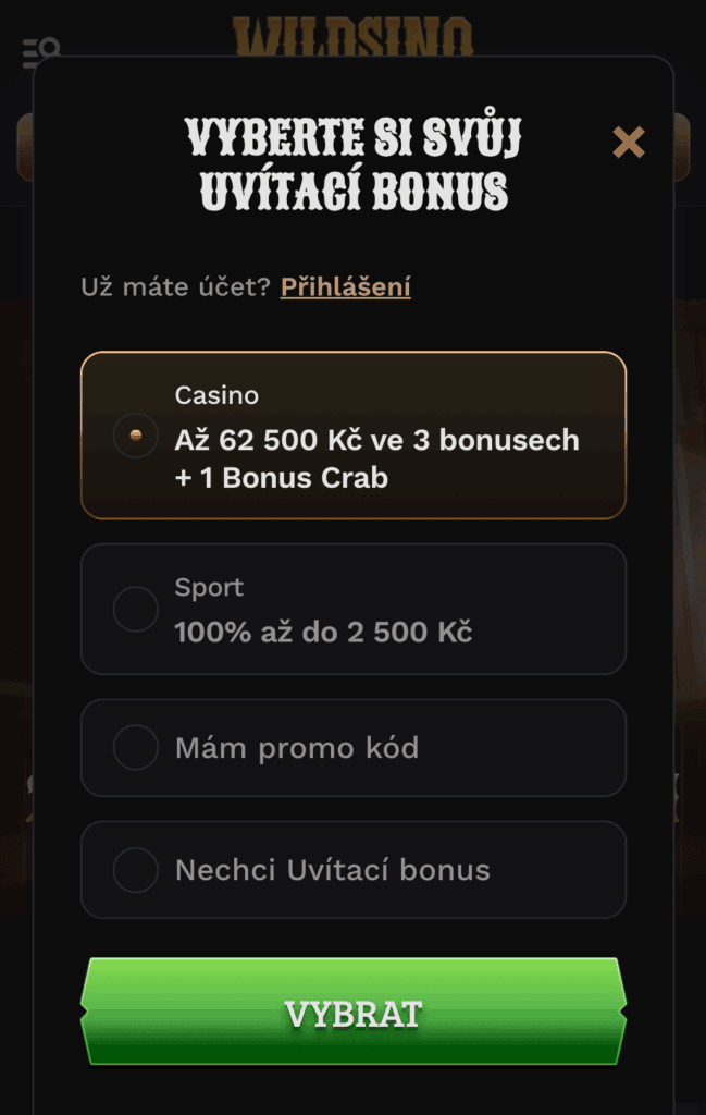 Vyberte si uvítací bonus, případně zadejte promo kód
