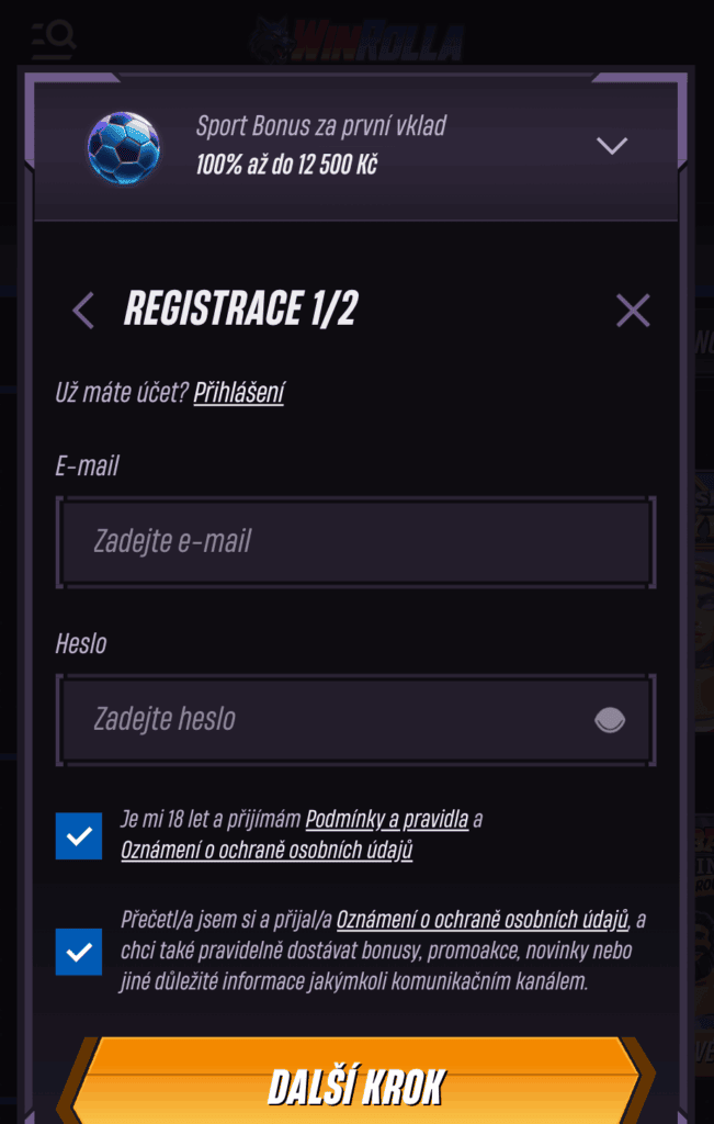 Vyplňte požadovaný email a heslo