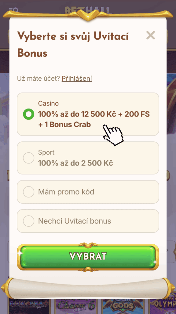 Vyberte vstupní bonus BetHall casina