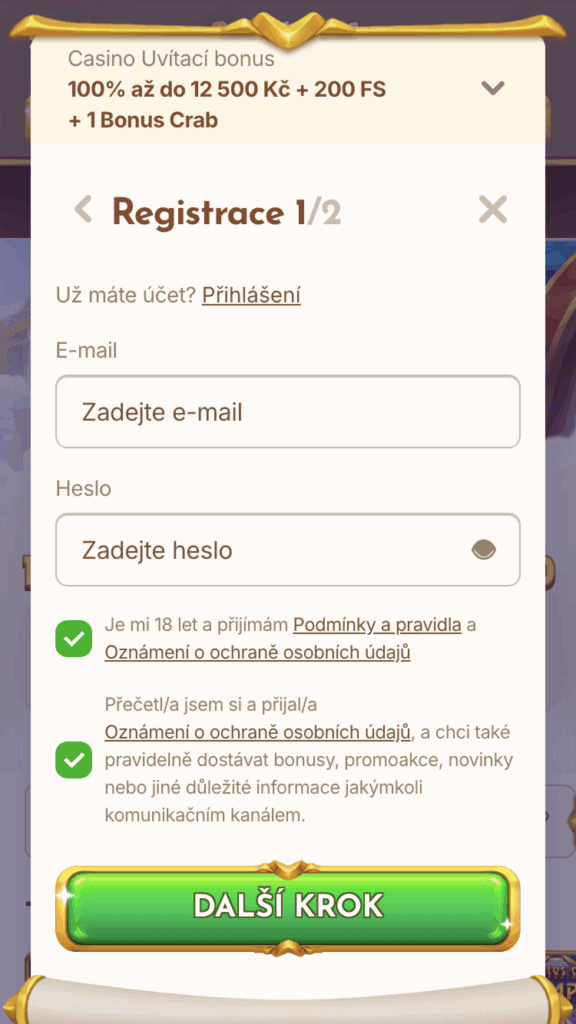Do registračního formuláře zadejte váš email a heslo