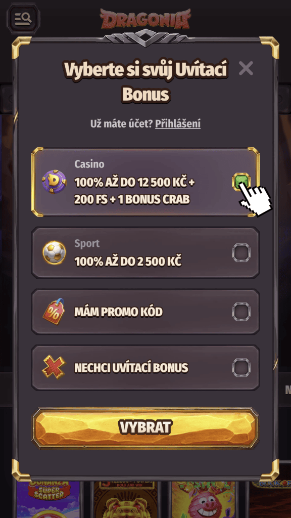 Vyberte, o jaký bonus máte zájem a zda máte promo kód