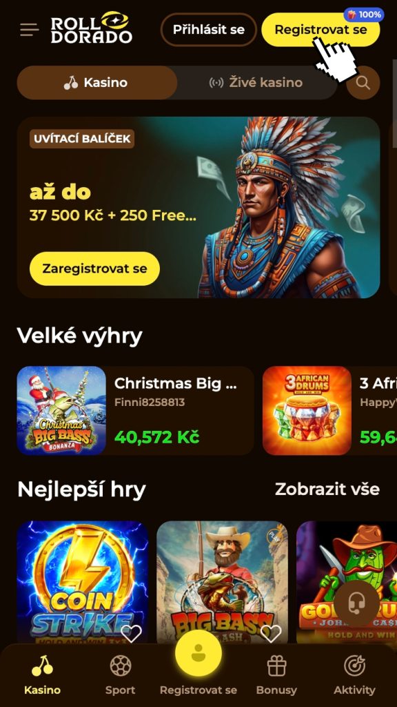 Vyhledejte žluté tlačítko “Zaregistrovat se” na oficiálních stránkách casina Rolldorado