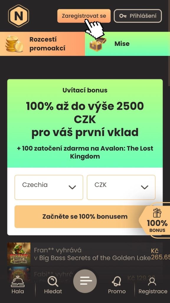 Klikněte na tlačítko “Registrace”