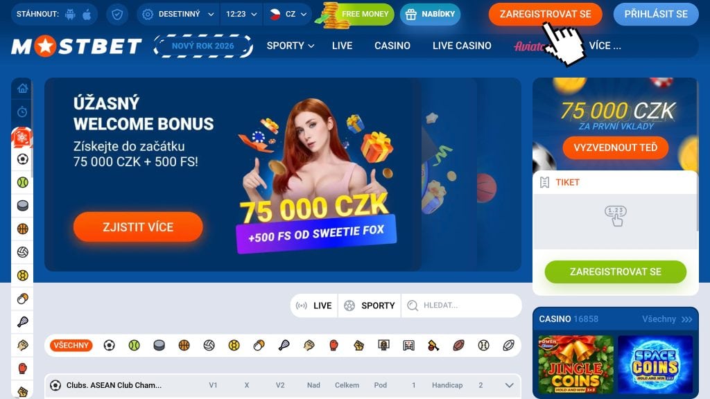 Najděte vpravo nahoře červené registrační tlačítko a klikněte na něj