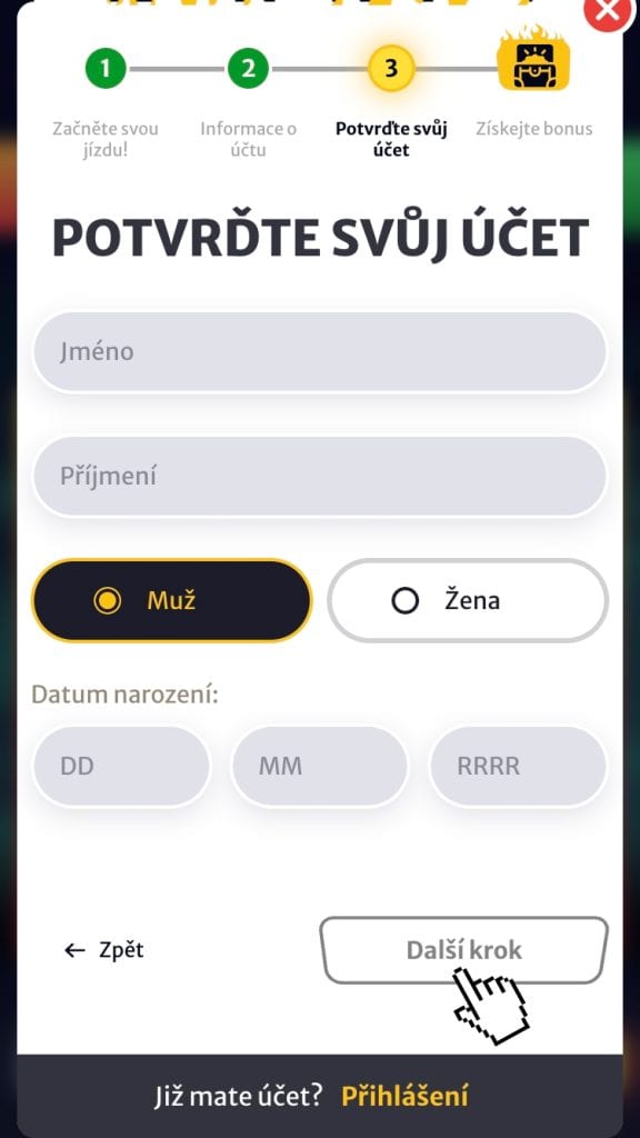 Vyplňte své jméno, datum narození a další potřebné informace
