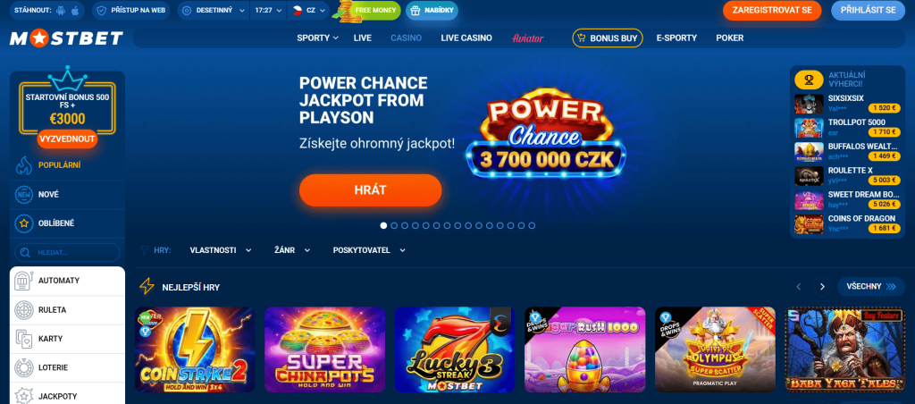 Mostbet - hlavní stránka