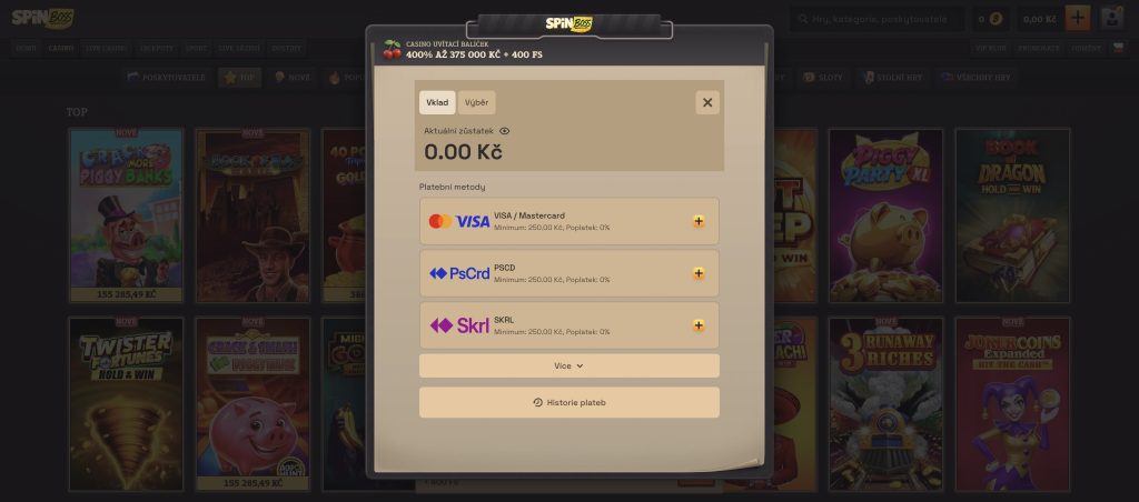 Vklady a výběry na online casinu SpinBoss