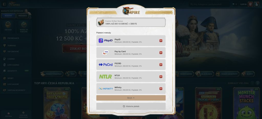 MyEmpire Casino platební metody
