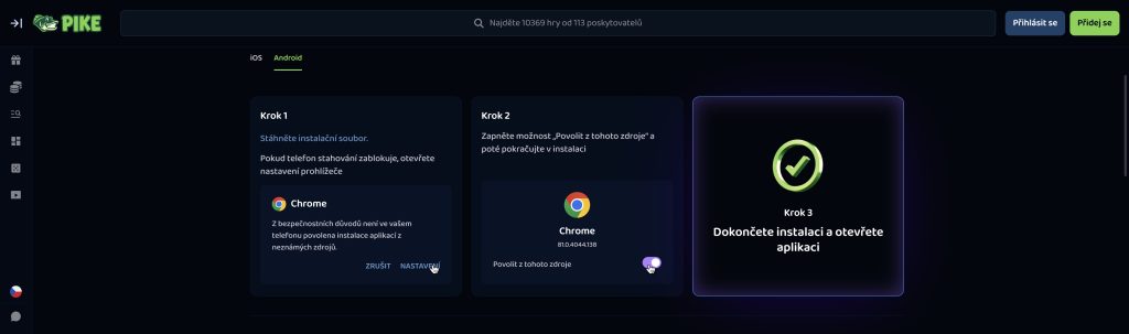Pike Casino - mobilní aplikace